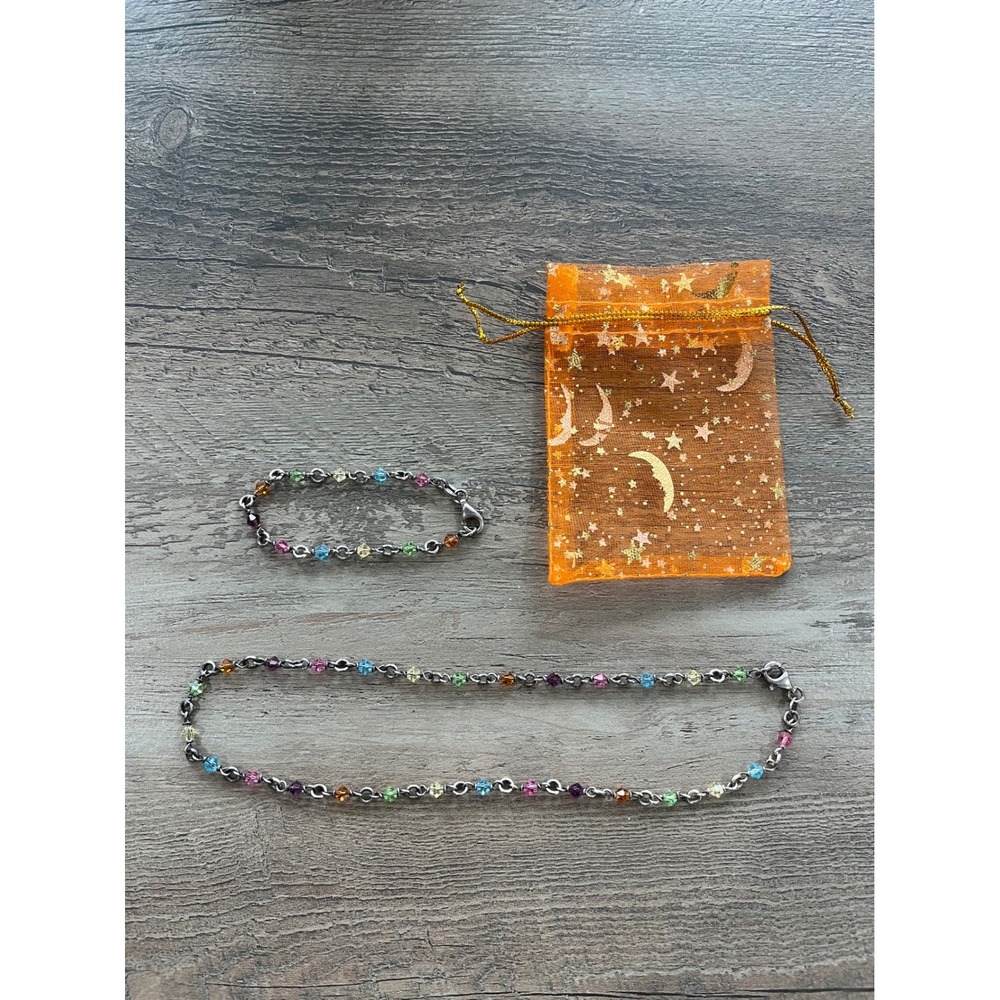 Kids Sterling Silver 925 Italy Rainbow Crystal Necklace and Bracelet Set Multi